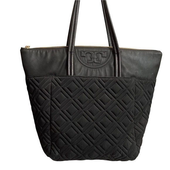 Tory Burch black nylon leather quilted zipper tote bag